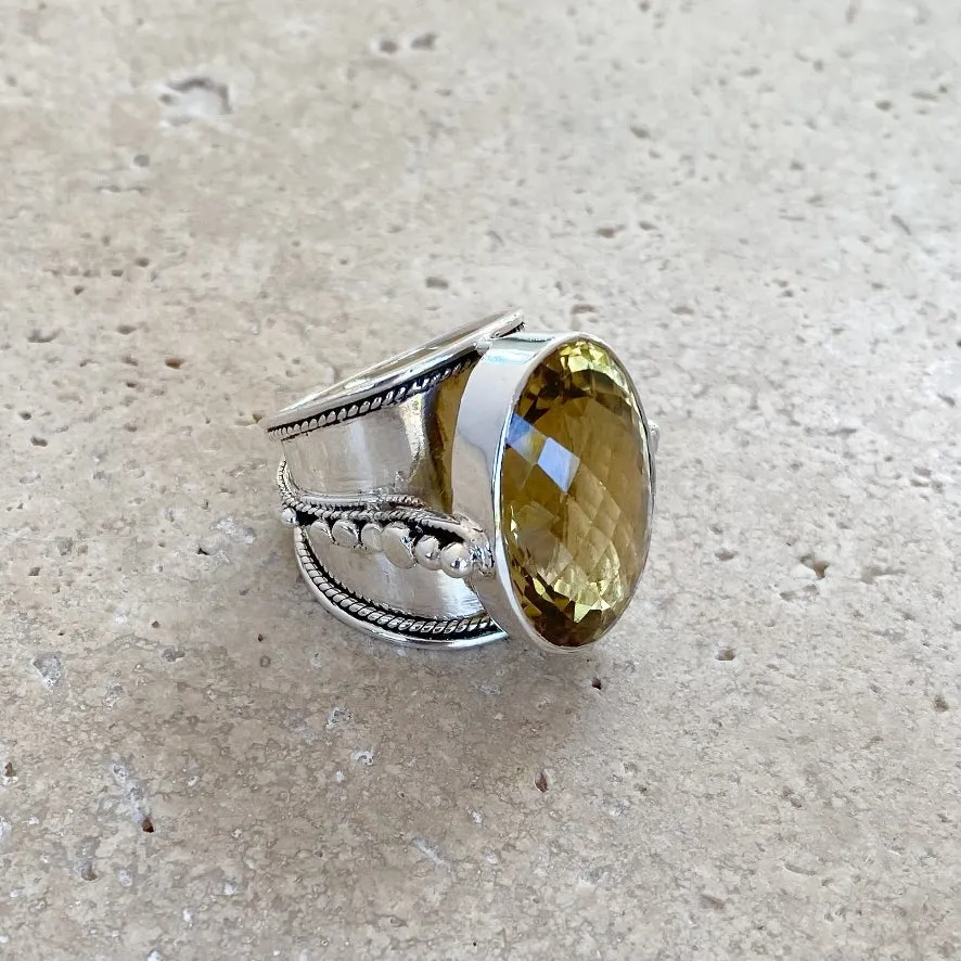 Lemon Quartz Ring with an Oval Checker Cut Stone - Nafisa