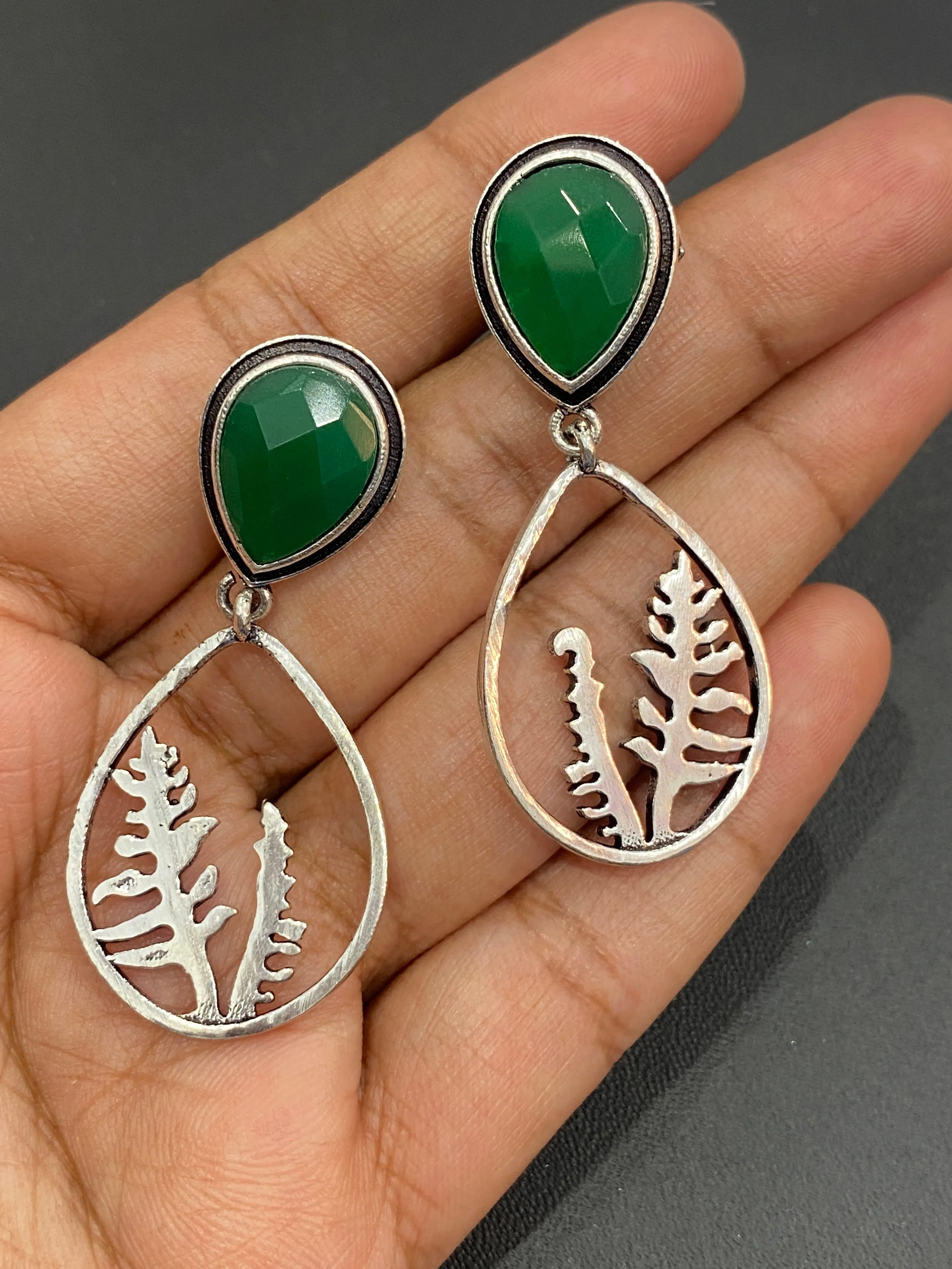 Lovely Emerald AD Stone Beaded Round Shaped Light Weight Silver Plated Oxidized Earrings