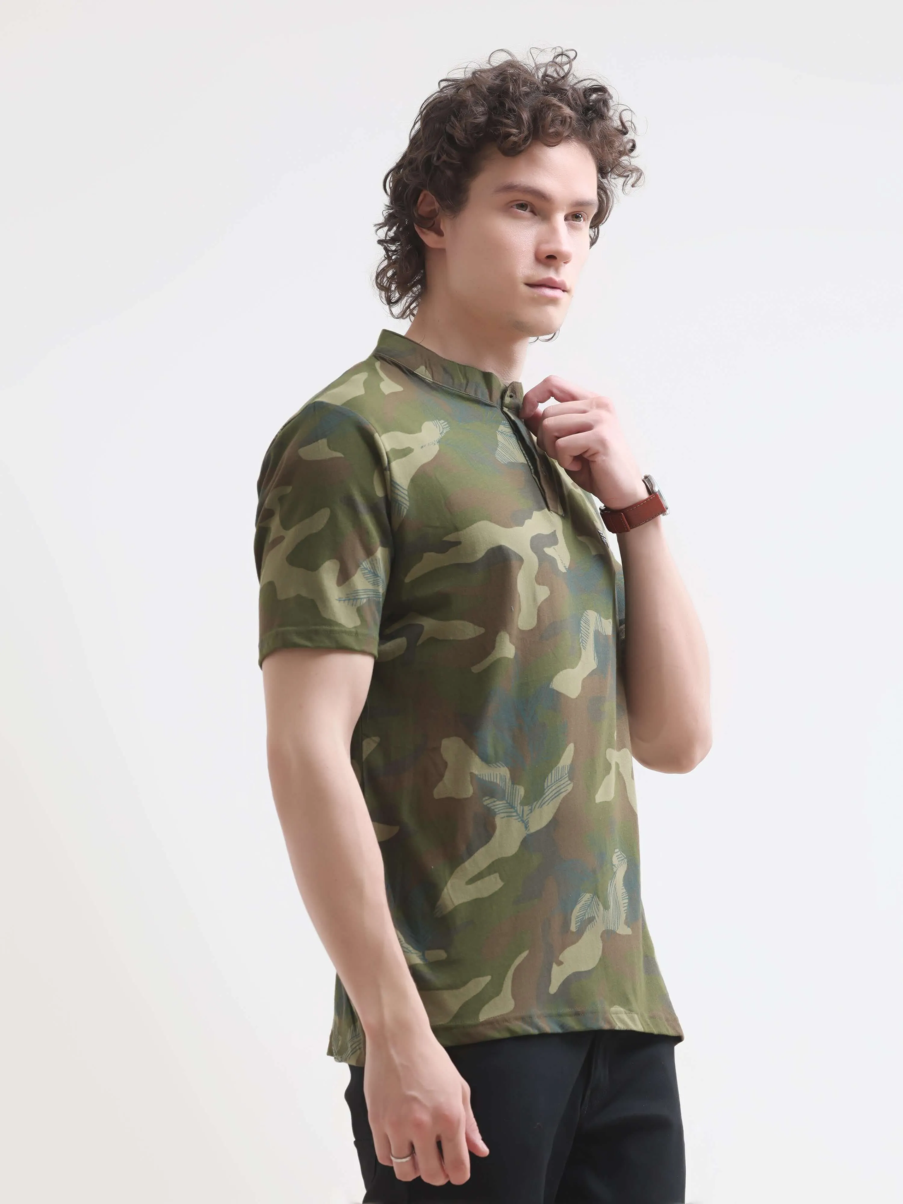 Military camouflage green henley tshirt