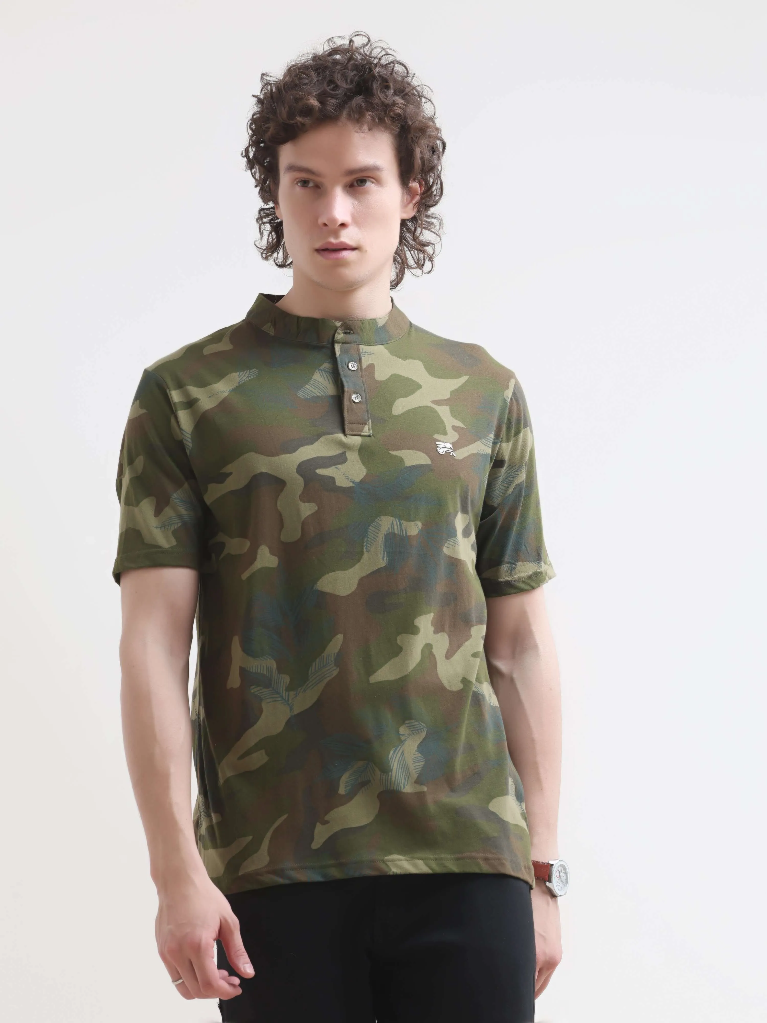 Military camouflage green henley tshirt