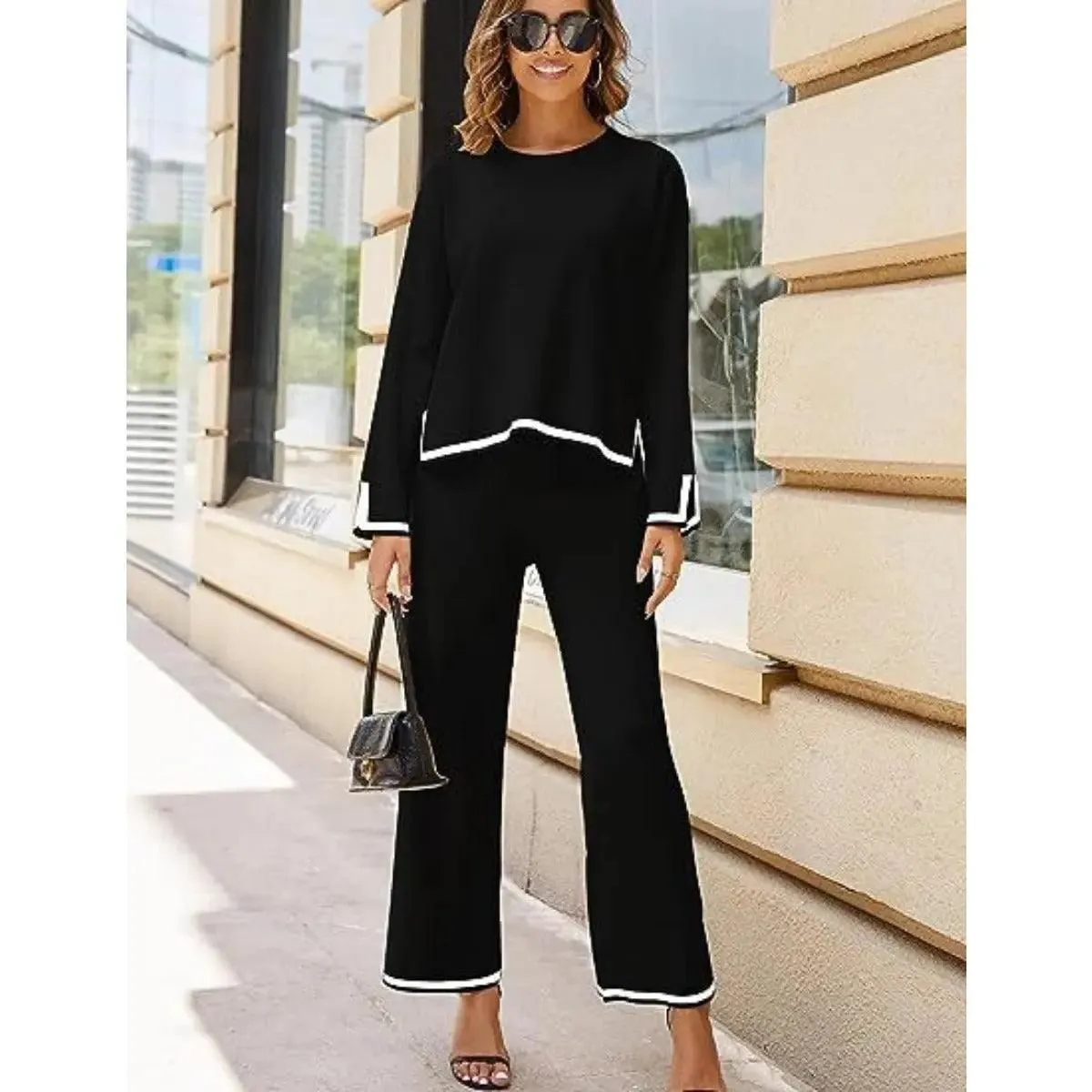 MS003 2 Piece Outfits Long Sleeve Knit Sweater Top Wide Leg Pants Lounge Sets