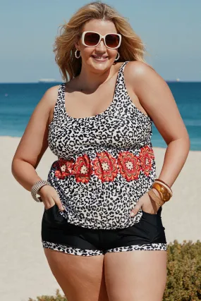 Plus Size Tankini-Set mit gemischtem Druck und Taschen