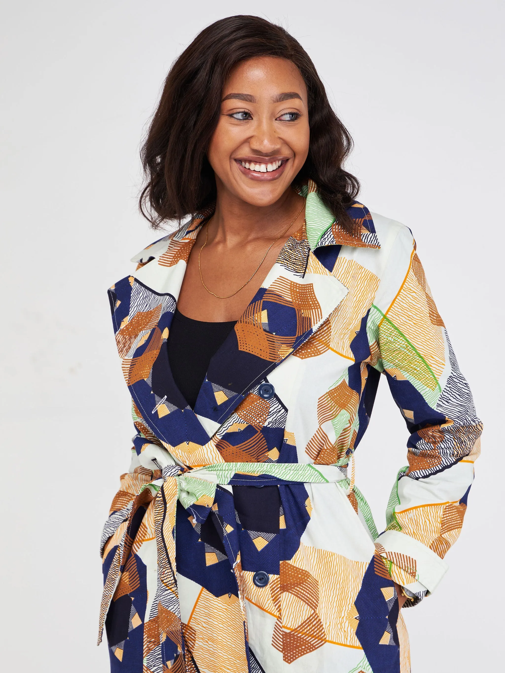 Safari Anga Trench Coat - Cream / Brown Ankara Print