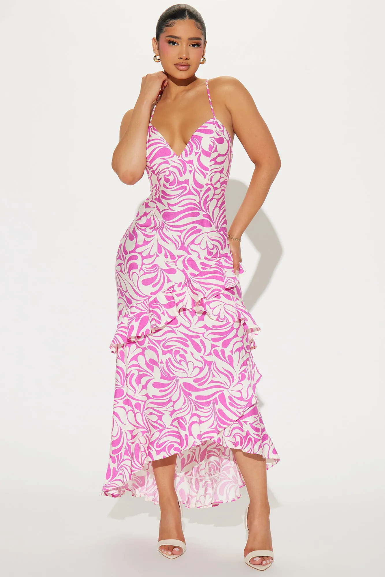 Samantha Linen Maxi Dress - White/Pink