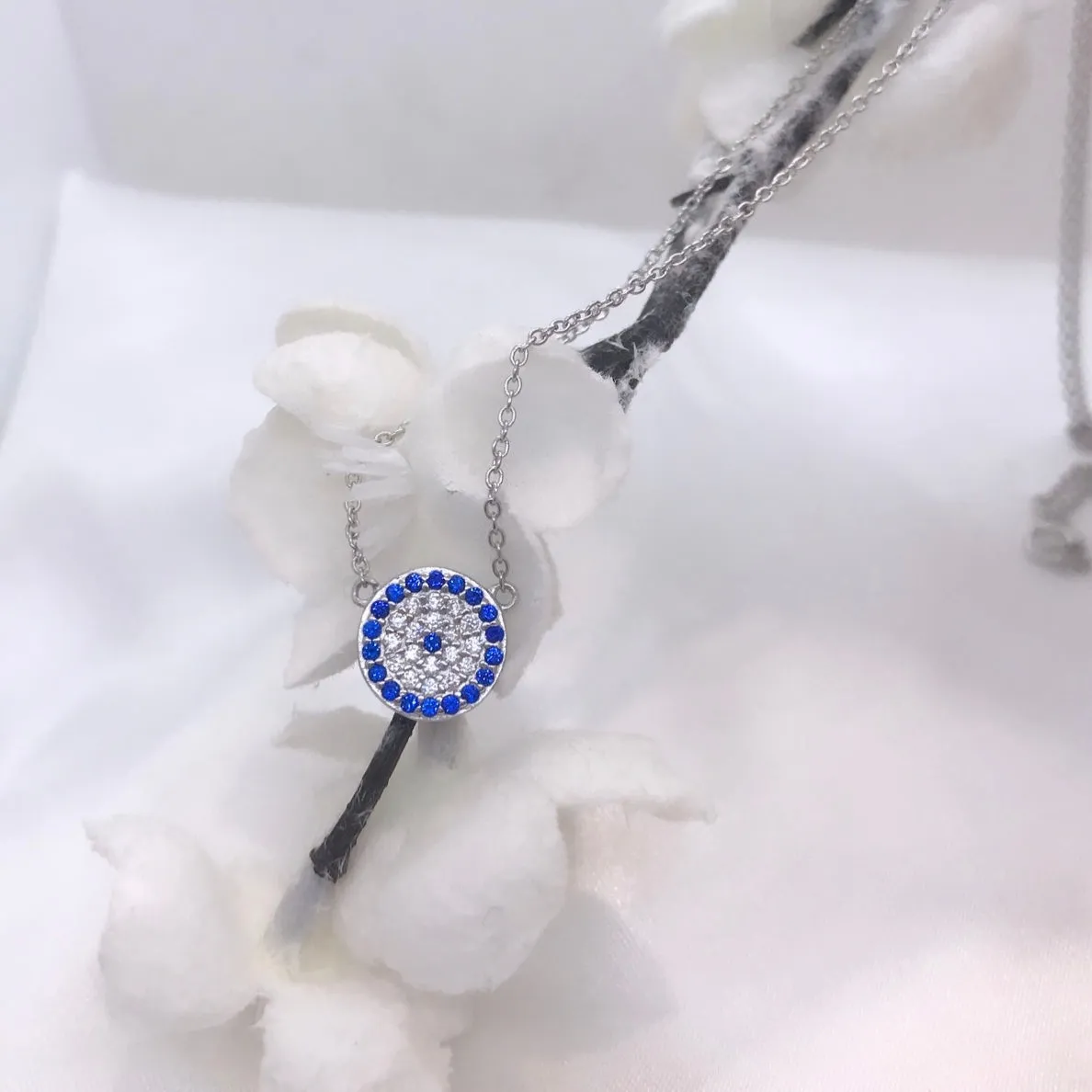 Sterling Silver CZ Blue Evil Eye Necklace