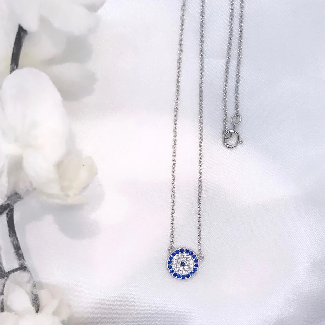 Sterling Silver CZ Blue Evil Eye Necklace