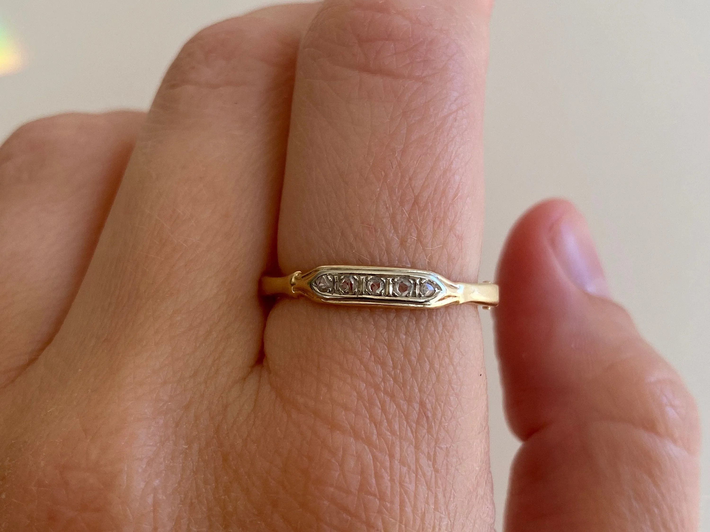 V I N T A G E // hinged helper / 14k solid yellow and white gold art deco band with rose cut diamonds / arthritic finger fit / size 6.25