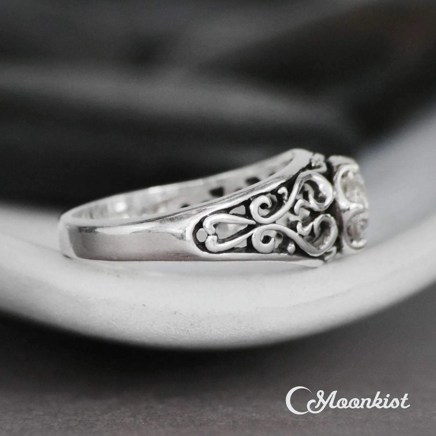 Vintage Style Filigree Bridal Ring in Sterling Silver | Moonkist Designs